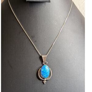 VTG Running Bear- Navajo Sterling Silver Blue Opal Pendant with Box Chain